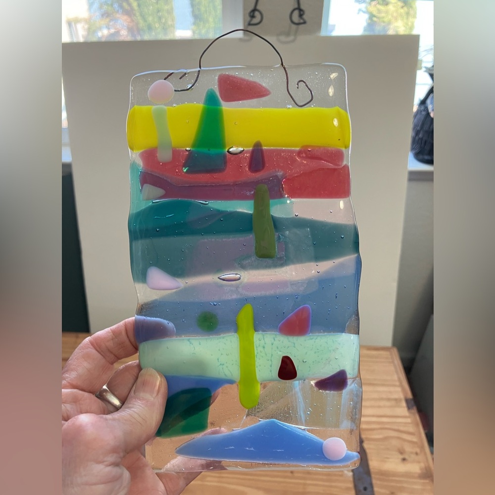 "Island Life " Fused Art Glass Hanging Plaque 7.5”x4” Abstract Design